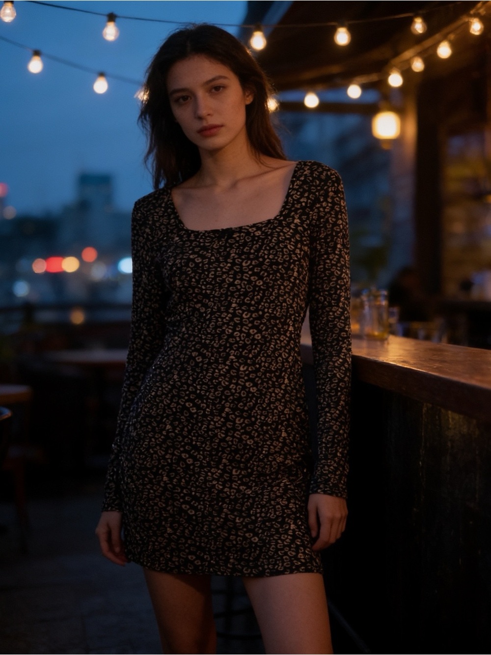 🌸SYM3 - Long-Sleeve Black/Tan Chetah Square-Neck Mini Dress🤎🖤